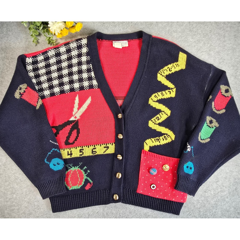 Vintage 80s Sweater Loft Women's Arts & Crafts Sewing Knit Cardigan Grandma